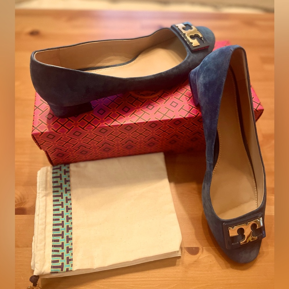 TORY BURCH GIGI Block Heel Pump Shoe Gold Logo Suede Symphony Blue w/Box Sz 9